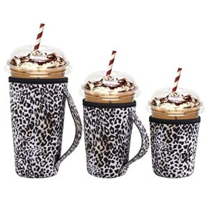 tiesome reusable iced coffee sleeves, leopard print 3 pieces neoprene cup sleeve coffee cup holder for iced & hot drinks beverages sleeve for most coffee s+m+l 3 size