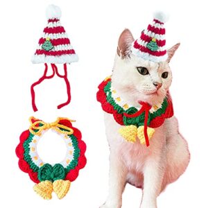 ANIAC Cat Christmas Hat with Collar Small Dog Christmas Costume Suit Puppy Santa Outfit Pet Holiday Accessories Knitted Xmas Cap and Scarf for Kitten Extra Small Dogs (Medium, Red)