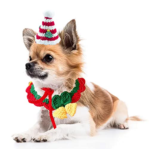 ANIAC Cat Christmas Hat with Collar Small Dog Christmas Costume Suit Puppy Santa Outfit Pet Holiday Accessories Knitted Xmas Cap and Scarf for Kitten Extra Small Dogs (Medium, Red)