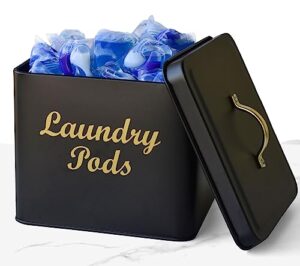 laundry pods container with lid - farmhouse laundry pod holder for laundry room, black laundry pods storage container for laundry room décor and organization
