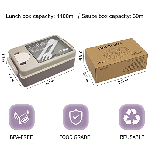 Bento Box For Adults, 3 Compartment Bento Box Lunch Box Leak Proof, Bento Box With Sauce Container, 1100ml Modern Bento Box With Utensils, BPA-Free/Microwave/Dishwasher Safe Bento Box
