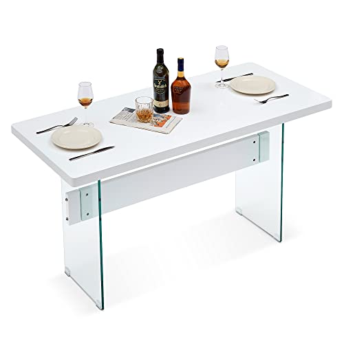 ivinta Modern White Dining Table, High Glossy Dining Room Table for 4/6, Glass Desk Table for Small Space, 55 inches Rectangular Dinner Table for Kitchen, Dining Room, Living Room (White)