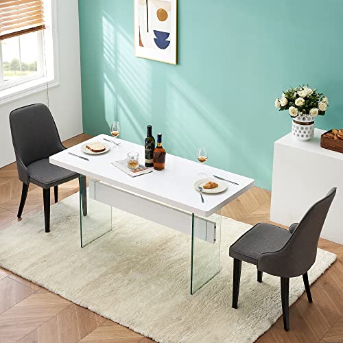 ivinta Modern White Dining Table, High Glossy Dining Room Table for 4/6, Glass Desk Table for Small Space, 55 inches Rectangular Dinner Table for Kitchen, Dining Room, Living Room (White)