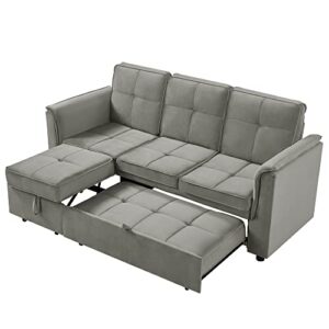 avzear 3 seater couch sofa, sectional sofa couch with pull out bed velvet fabric sectional l shaped sleeper sofa bed large sofa solid wood & fabric upholstered l-shaped for living room (grey)