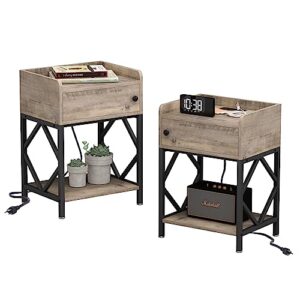 jaxpety set of 2 industrial wood nightstand with charging station and usb ports, accent end table with storage and shelf, night stand bedside table for home bedroom, small spaces, washed grey