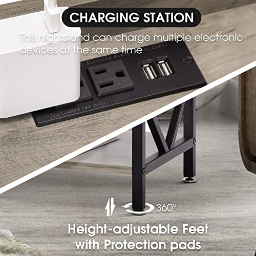 JAXPETY Set of 2 Industrial Wood Nightstand with Charging Station and USB Ports, Accent End Table with Storage and Shelf, Night Stand Bedside Table for Home Bedroom, Small Spaces, Washed Grey