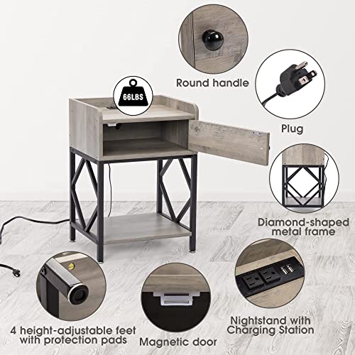 JAXPETY Set of 2 Industrial Wood Nightstand with Charging Station and USB Ports, Accent End Table with Storage and Shelf, Night Stand Bedside Table for Home Bedroom, Small Spaces, Washed Grey