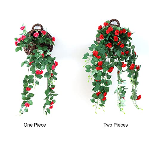 HENJADE 2 Pieces Artificial Hanging Flowers Artificial Rose Vine Hanging Plants Artificial Flower for Home Room Garden Wedding Indoor Outdoor Offiece Room Decor (Red)