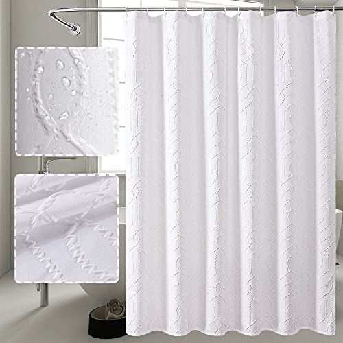 OWENIE White Shower Curtain for Bathroom, 2022 New Upgrade 100% Waterproof 3D Embossed 2 in 1 White Fabric Shower Curtains, Geometric Polyester Modern Luxury Elegant Hotel Style Pattern, 72 x 72 Inch