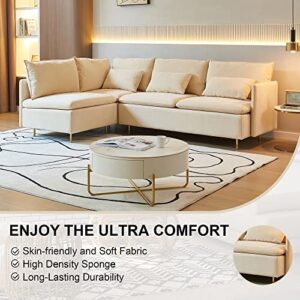 GreatHome L-Shaped Modular Sectional Couch, 4-Seater Corner Sectional Sofa, Modern Beige Fabric L Sofa with 3 Pillows Included and Gold Metal Legs, for Small Space