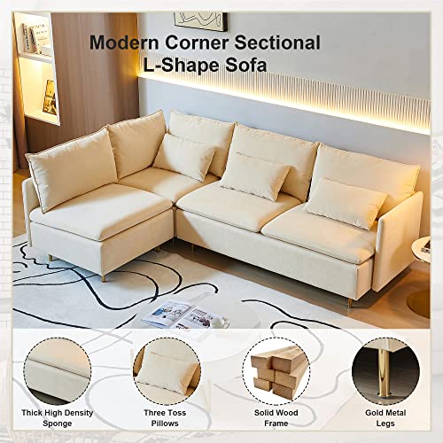 GreatHome L-Shaped Modular Sectional Couch, 4-Seater Corner Sectional Sofa, Modern Beige Fabric L Sofa with 3 Pillows Included and Gold Metal Legs, for Small Space