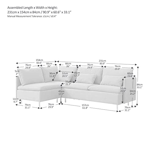 GreatHome L-Shaped Modular Sectional Couch, 4-Seater Corner Sectional Sofa, Modern Beige Fabric L Sofa with 3 Pillows Included and Gold Metal Legs, for Small Space