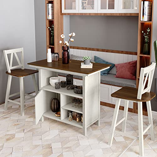 Knocbel Farmhouse 2-Person Counter Height Dining Table Set, 3-Piece Dinette Set with Storage Cabinet and Open Shelves, Kitchen Dining Room Small Space Furniture Set (Walnut and Distressed White)