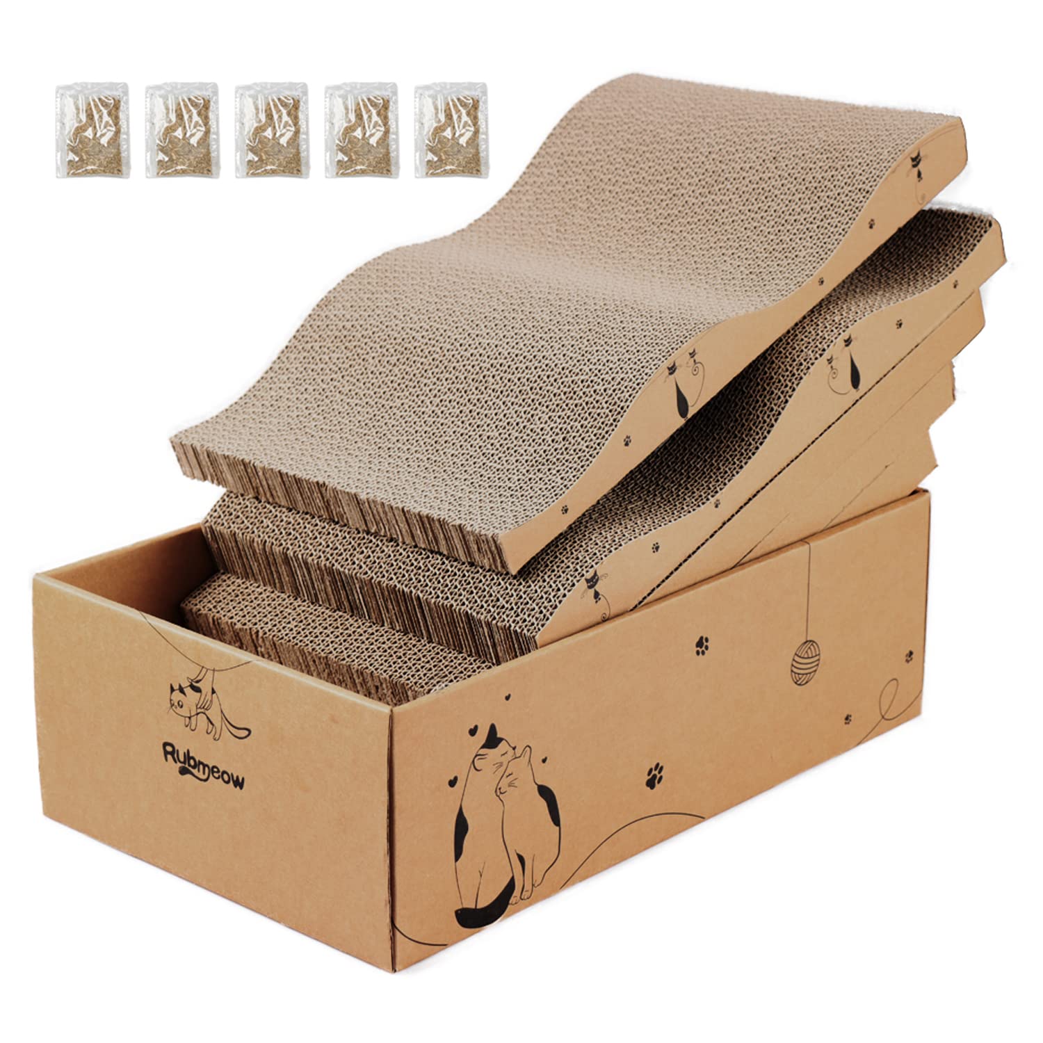 RUBMEOW Cat Scratcher Cardboard Cats Scratch Pad Box for Indoor Cats,5pcs Scratching Board Bed Reversible Durable,with Catnip