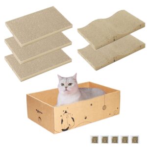 RUBMEOW Cat Scratcher Cardboard Cats Scratch Pad Box for Indoor Cats,5pcs Scratching Board Bed Reversible Durable,with Catnip