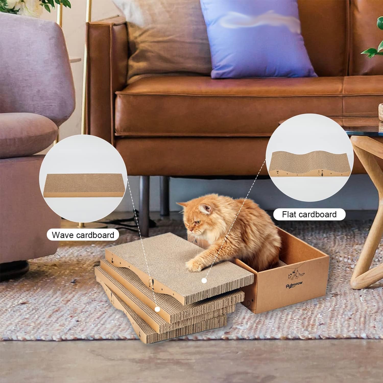 RUBMEOW Cat Scratcher Cardboard Cats Scratch Pad Box for Indoor Cats,5pcs Scratching Board Bed Reversible Durable,with Catnip