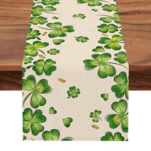seliem st. patrick's day shamrock clover bushes table runner, gold coins green heart kitchen dining table decor, irish spring burlap home decoration indoor outdoor holiday party supply 13 x 72 inches