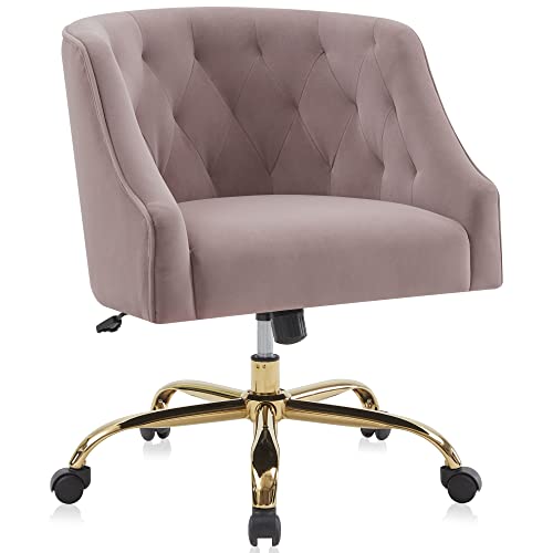 BELLEZE Modern Home Office Chair, Rolling Swivel Desk Chair, Upholstered Velvet Accent Chair, Stylish Comfy Vanity Chair, Adjustable Height - Braelynn (Pink)