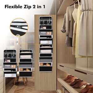 BrilliantJo 2 Packs 6-Shelf Over The Door Organizer, Flexible 1 Split into 2(4 Packs 3 Shelf) Hanging Storage Wall Mount with 4 Side Pockets, Swing-Proof Behind Door for Bathroom Closet, Black