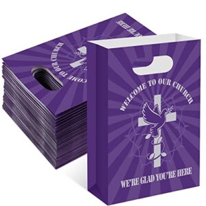 60 pieces church welcome gift bags purple welcome to our church gift bags large religious church paper bag with handles for visitors members birthday church theme party supplies, 8.6 x 6 x 2.36 inch
