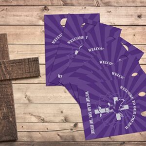 60 Pieces Church Welcome Gift Bags Purple Welcome to Our Church Gift Bags Large Religious Church Paper Bag with Handles for Visitors Members Birthday Church Theme Party Supplies, 8.6 x 6 x 2.36 Inch
