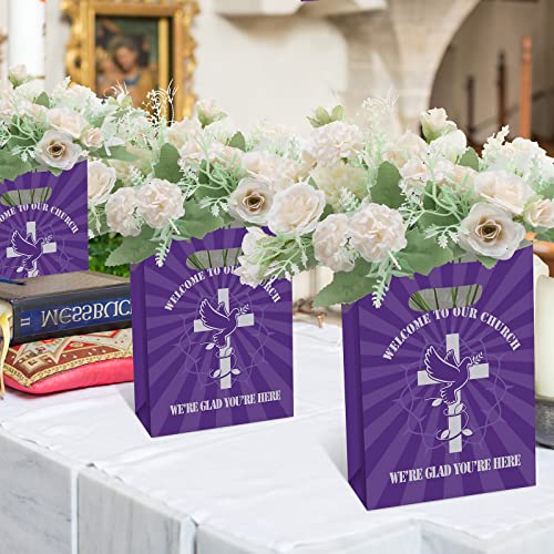 60 Pieces Church Welcome Gift Bags Purple Welcome to Our Church Gift Bags Large Religious Church Paper Bag with Handles for Visitors Members Birthday Church Theme Party Supplies, 8.6 x 6 x 2.36 Inch