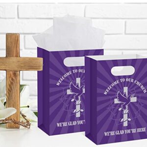 60 Pieces Church Welcome Gift Bags Purple Welcome to Our Church Gift Bags Large Religious Church Paper Bag with Handles for Visitors Members Birthday Church Theme Party Supplies, 8.6 x 6 x 2.36 Inch