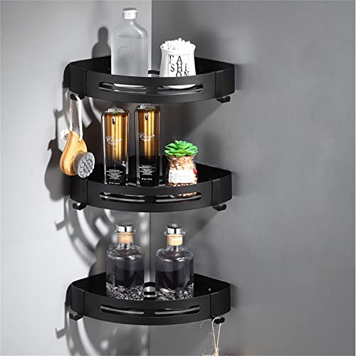 wykasdmd Corner Shower Caddy Organizer Bathroom Corner Storage Organizer Bathtub Rack Black Rustproof Space Aluminum No Drilling Wall Mounted Bathroom Shelf with Adhesive with 4 Hooks (black 3 tiers)