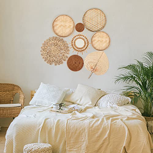 Unittype Wall Basket Decor Set of 8 Boho Wicker Wall Handmade Decor with Rattan Mirror Farmhouse Woven Wall Hanging Basket Decor for Bathroom Bedroom Living Room