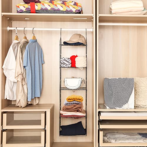 Chemailon Metal Wire Hanging Closet Organizer, Adjustable Height 5-Shelf Closet Shelves and Storage for Wardrobe Clothing Sweaters Shoes Handbags (Black)