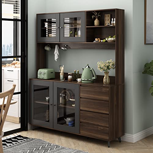 FUFU&GAGA 74.8" Tall Kitchen Pantry Cabinet with 4 Drawers, 4 Doors & Microwave Stand, Freestanding Hutch Cabinet with Buffet Cupboard for Kitchen, Dinningroom (Black/Brown)