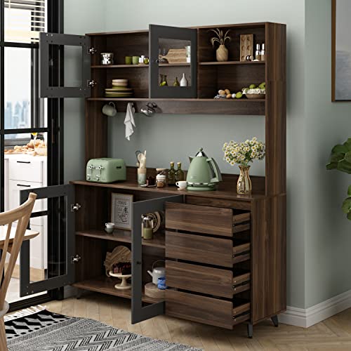 FUFU&GAGA 74.8" Tall Kitchen Pantry Cabinet with 4 Drawers, 4 Doors & Microwave Stand, Freestanding Hutch Cabinet with Buffet Cupboard for Kitchen, Dinningroom (Black/Brown)