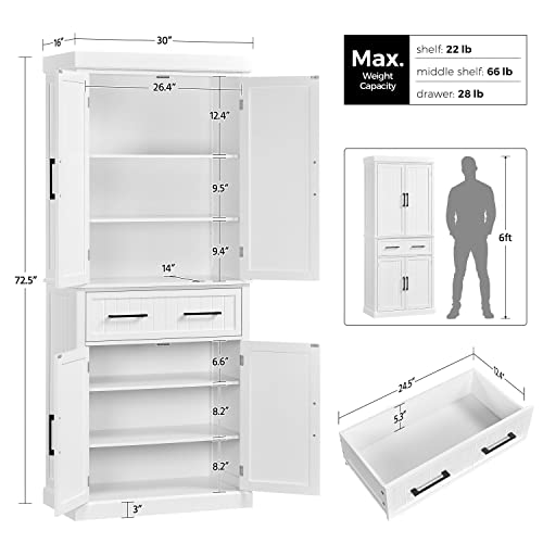 Topeakmart 72" Kitchen Storage Cabinet with Large Drawer, Wooden Pantry Cabinet Cupboard with Doors and Adjustable Shelves, Storage Cabinet Organizer for Kitchen, Dinning Room, Living Room, White