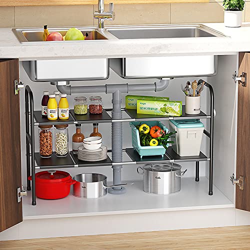 Under Sink Cabinet Shelf Organizer, Expandable Metal Under Sink Rack Storage with 8 Removable Panels for Kitchen Bathroom, 2 Tiers, Black