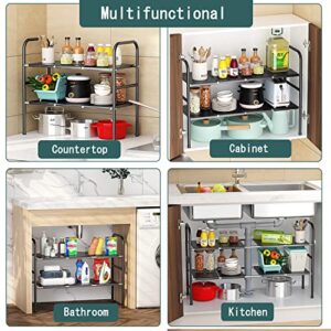 Under Sink Cabinet Shelf Organizer, Expandable Metal Under Sink Rack Storage with 8 Removable Panels for Kitchen Bathroom, 2 Tiers, Black