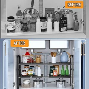 Under Sink Cabinet Shelf Organizer, Expandable Metal Under Sink Rack Storage with 8 Removable Panels for Kitchen Bathroom, 2 Tiers, Black