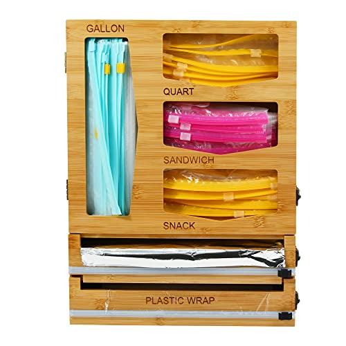 Blue Cheetah Creations All-In-One Bamboo Wood Bag Organizer, Foil and Wrap Dispenser with Cutter, Kitchen Drawer Organizer or Wall Mount, Detachable