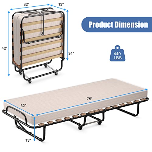 Giantex Folding Bed with Mattress for Adults, Rollaway Guest Beds w/Memory Foam Mattress & Metal Frame, Made in Italy, Cot Size Rollaway Bed, Portable Foldable Sleeper Bed for Home, Beige