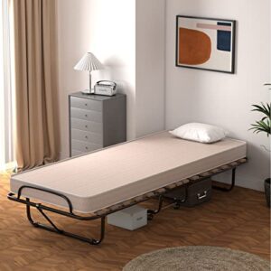 Giantex Folding Bed with Mattress for Adults, Rollaway Guest Beds w/Memory Foam Mattress & Metal Frame, Made in Italy, Cot Size Rollaway Bed, Portable Foldable Sleeper Bed for Home, Beige