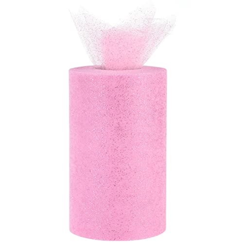 Glitter Tulle Rolls 6” by 50 Yards Sparkle Tulle Fabric Ribbon Sequin Tulle Netting Rolls for DIY Tutu Skirt Wedding Birthday Party Decoration (Light Pink)