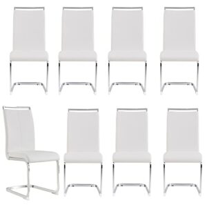 gopop dining chairs set, kitchen modern metal chairs with faux leather padded seat high back and sturdy chrome legs, chairs for dining room (white, set of 8)