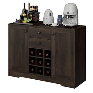 hostack coffee bar cabinet, modern farmhouse buffet sideboard cabinet with storage drawers and shelves, liquor cabinet with removable wine rack for kitchen, dining room, living room, dark brown