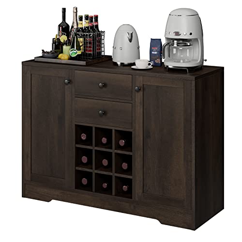 HOSTACK Coffee Bar Cabinet, Modern Farmhouse Buffet Sideboard Cabinet with Storage Drawers and Shelves, Liquor Cabinet with Removable Wine Rack for Kitchen, Dining Room, Living Room, Dark Brown