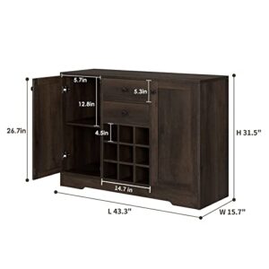 HOSTACK Coffee Bar Cabinet, Modern Farmhouse Buffet Sideboard Cabinet with Storage Drawers and Shelves, Liquor Cabinet with Removable Wine Rack for Kitchen, Dining Room, Living Room, Dark Brown