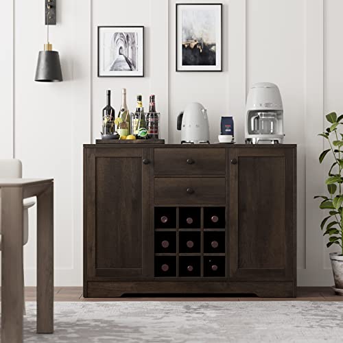 HOSTACK Coffee Bar Cabinet, Modern Farmhouse Buffet Sideboard Cabinet with Storage Drawers and Shelves, Liquor Cabinet with Removable Wine Rack for Kitchen, Dining Room, Living Room, Dark Brown