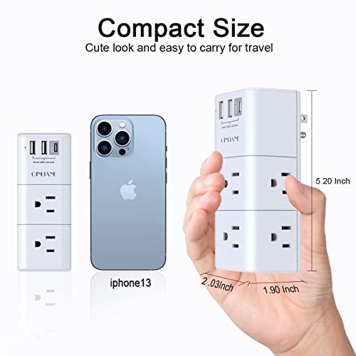 USB Outlet Extender Surge Protector - QINLIANF Multi Plug Outlet with Rotating Plug, 3-Sided Swivel Power Strip with 6 AC Spaced Outlet Splitter and 3 USB Ports (1 USB C) for Travel, Home, Office,ETL