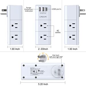 USB Outlet Extender Surge Protector - QINLIANF Multi Plug Outlet with Rotating Plug, 3-Sided Swivel Power Strip with 6 AC Spaced Outlet Splitter and 3 USB Ports (1 USB C) for Travel, Home, Office,ETL