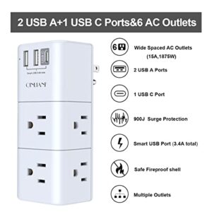 USB Outlet Extender Surge Protector - QINLIANF Multi Plug Outlet with Rotating Plug, 3-Sided Swivel Power Strip with 6 AC Spaced Outlet Splitter and 3 USB Ports (1 USB C) for Travel, Home, Office,ETL