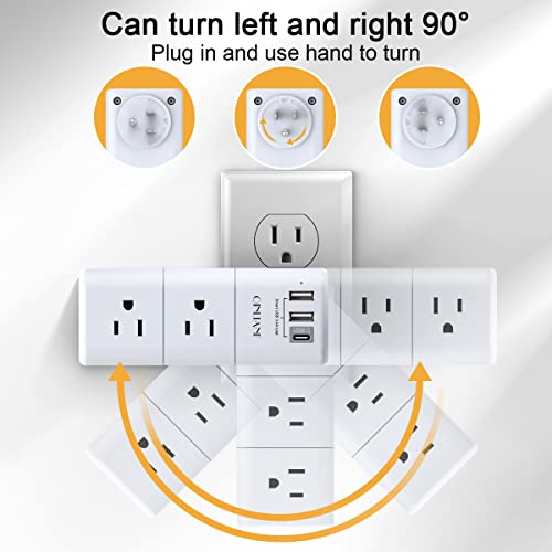 USB Outlet Extender Surge Protector - QINLIANF Multi Plug Outlet with Rotating Plug, 3-Sided Swivel Power Strip with 6 AC Spaced Outlet Splitter and 3 USB Ports (1 USB C) for Travel, Home, Office,ETL