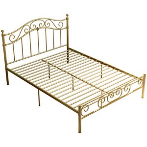 iotxy king metal bed frame - gold 12 inches complete bed platform with curved tall headboard and shorted footboard, king-size mattress base foundation, garden style